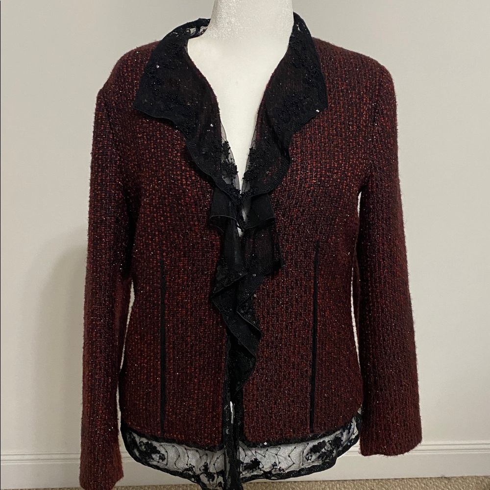 Chico’s Sparkle Tweed Fabric Blazer With Lace Collar